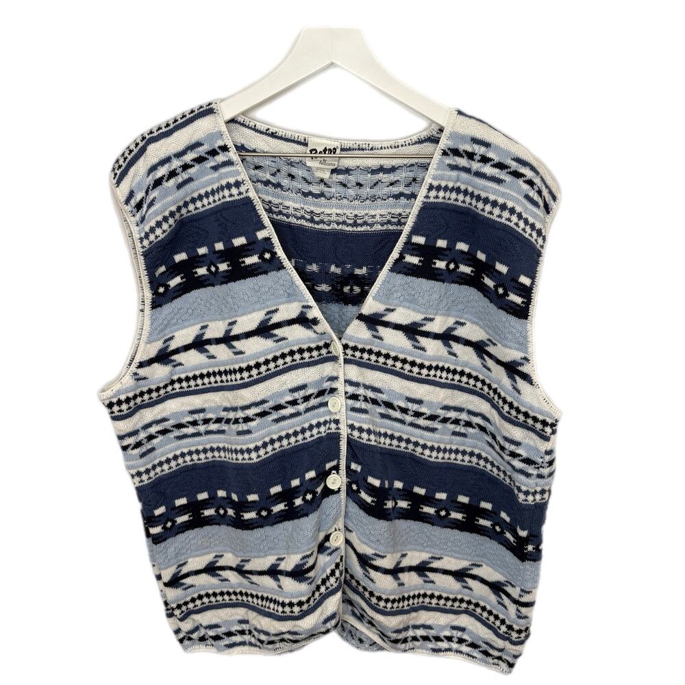 Retro Blue Striped Sweater Vest Cardigan - Women's Size XXL